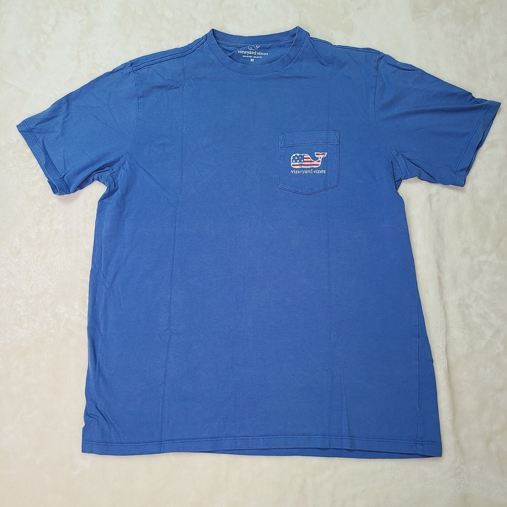 Vineyard Vines Pocket Tee Logo Med Blue Whale Flag Patriotic Cotton Distressed